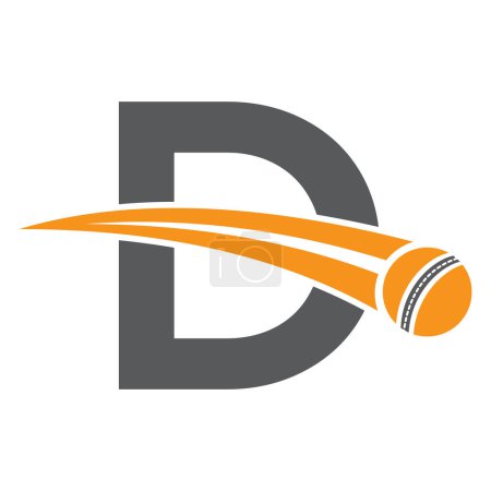 Logotipo de cricket en la letra D Concepto con el símbolo de bola de cricket en movimiento. Señal de grillo