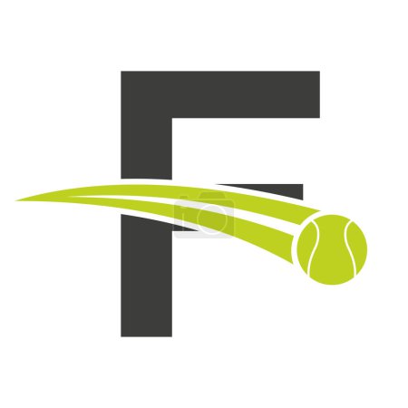 Logotipo de tenis en la letra F Concepto con símbolo de pelota de tenis en movimiento. Señal de tenis