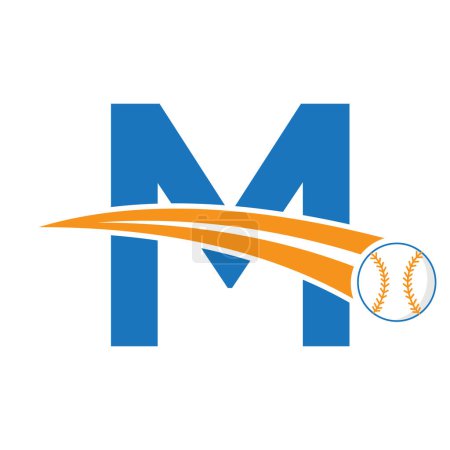 Baseball Logo On Letter M Concept With Moving Baseball Symbol. Baseball Sign