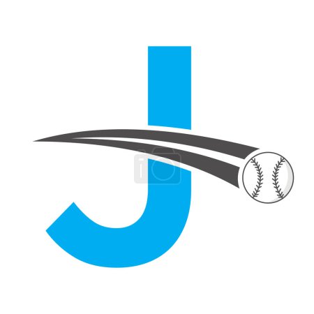 Illustration for Baseball Logo On Letter J Concept With Moving Baseball Symbol. Baseball Sign - Royalty Free Image