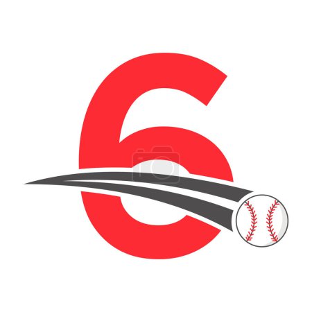 Illustration for Baseball Logo On Letter 6 Concept With Moving Baseball Symbol. Baseball Sign - Royalty Free Image