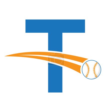 Illustration for Baseball Logo On Letter T Concept With Moving Baseball Symbol. Baseball Sign - Royalty Free Image