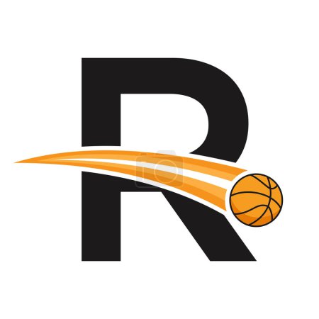 Logo de basket-ball sur lettre R Concept avec mouvement symbole de basket-ball. Panneau de basket-ball