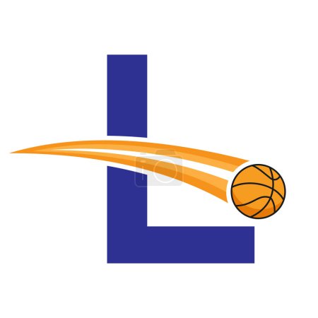 Logotipo de Baloncesto en Letra L Concepto con Símbolo de Baloncesto en Movimiento. Señal de baloncesto