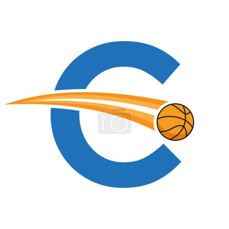 Basketball Logo On Letter C Concept With Moving Basketball Symbol. Basketball Sign