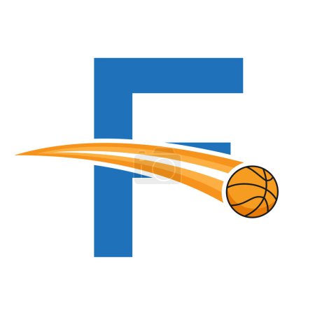 Basketball-Logo auf Buchstabe F Konzept mit beweglichen Basketball-Symbol. Basketball-Zeichen