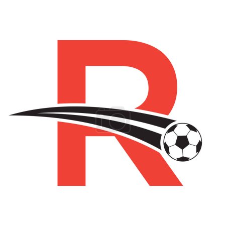 Logo de fútbol en la letra R Concepto con símbolo de fútbol en movimiento. Señal de fútbol