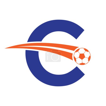 Football Logo On Letter C Concept With Moving Football Symbol. Soccer Sign