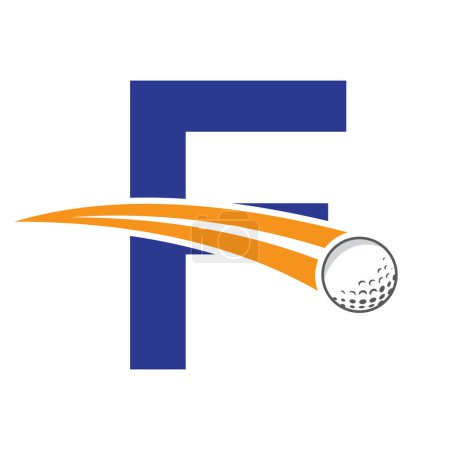 Logo de golf sur lettre F Concept avec boule de golf en mouvement Symbole. Panneau hockey