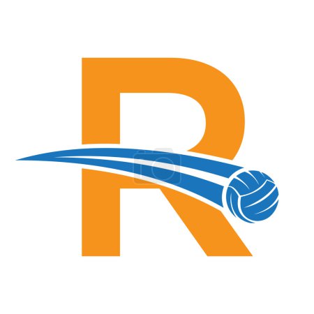 Logo de volleyball sur lettre R Concept avec symbole de volleyball mobile. Panneau de volleyball