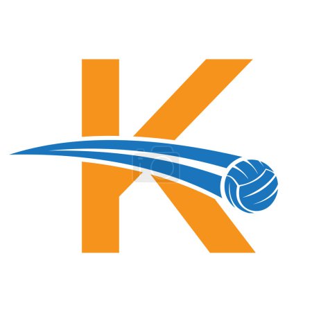 Volleyball-Logo auf Buchstabe K-Konzept mit beweglichen Volleyball-Symbol. Beachvolleyball