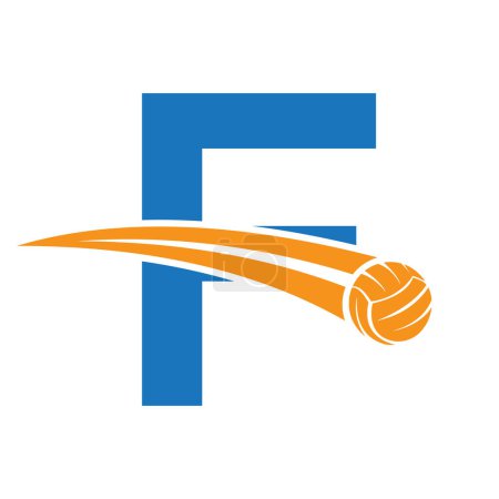 Logo de volleyball sur lettre F Concept avec symbole de volleyball en mouvement. Panneau de volleyball