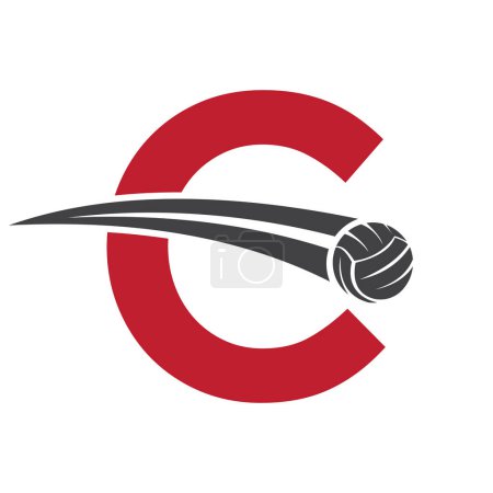 Logo de volleyball sur lettre C Concept avec symbole de volleyball en mouvement. Panneau de volleyball