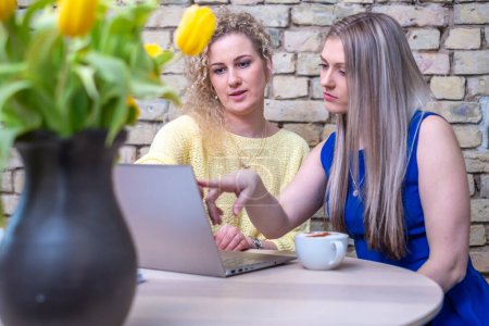 Two professional women engage in a serious business planning session over a laptop, with a vase of bright tulips suggesting growth and a fresh approach to their collaboration. High quality photo