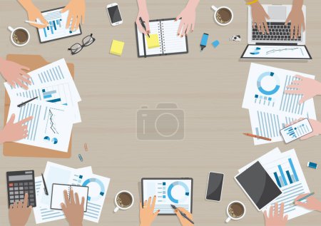 Illustration for Hands of people with variety of skin tones, actions and devices around wooden table for business meeting concept from top view - Royalty Free Image