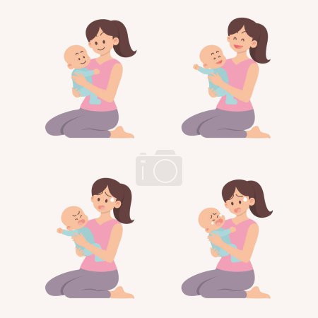 Photo for Set of young mother sitting and holding baby with different actions and emotions, smiling, laughing, screaming and crying in flat cartoon style - Royalty Free Image