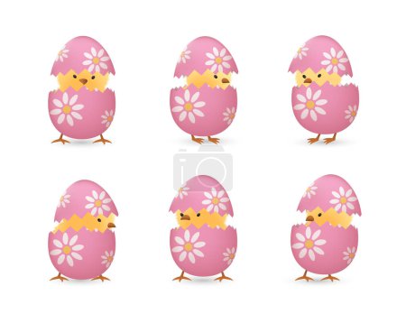 Photo for Chicks in broken Easter eggs with flowers set - Royalty Free Image