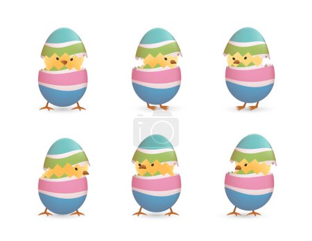 Photo for Chicks in broken Easter eggs with stripes set - Royalty Free Image