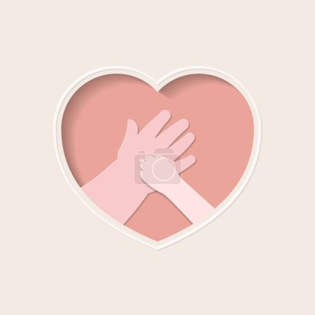 Photo for Small paw of cat on hand of kid, in pink heart shaped frame paper art - Royalty Free Image