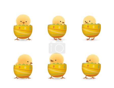 Photo for Chicks in lower part of broken Easter eggs with lines set - Royalty Free Image