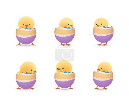 Téléchargez les illustrations : Poussins dans la partie inférieure des œufs de Pâques cassés avec des rayures ensemble - en licence libre de droit