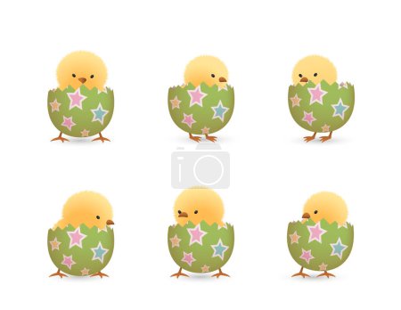 Photo for Chicks in lower part of broken Easter eggs with stars set - Royalty Free Image