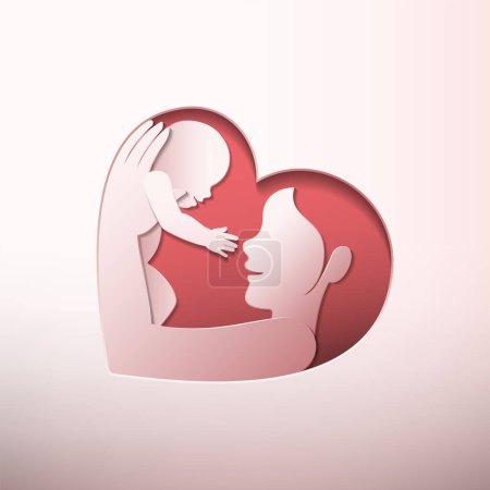 Illustration for Smiling mother raising a baby up in the air, in heart shaped silhouette paper cutting art - Royalty Free Image