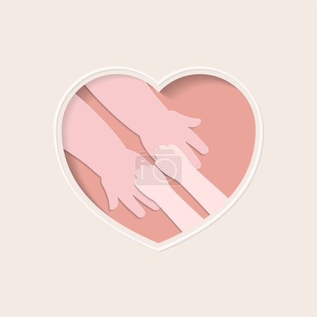 Photo for Small paws of cat on hands of kid, in pink heart shaped frame paper art - Royalty Free Image