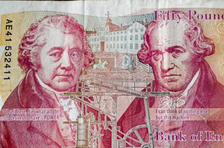 Photo for Reverse of a used fifty pound banknote from the Bank of England showing the engineers and entrepreneurs Matthew Boulton and James Watt.  Used banknote, photographed at a slight angle.  Their historic factory in Soho, Birmingham is shown at the back. - Royalty Free Image