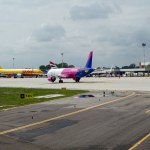 Venice, Italy - April 19, 2022:  A busy morning at Marco Polo Airport, Venice with aircraft operated by Whizz Air, DHL and British Airways.  