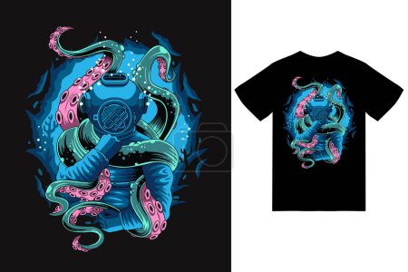 Photo for Diver fighting octopus illustration with tshirt design premium vector - Royalty Free Image