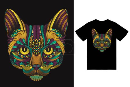 Téléchargez les photos : Illustration ethnique chat avec motif de t-shirt vecteur premium - en image libre de droit