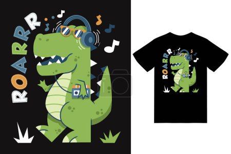 Illustration for Cute dinosaur listening music illustration with tshirt design premium vector - Royalty Free Image