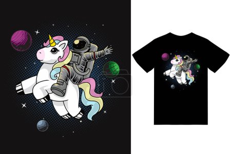 Illustration for Astronaut riding unicorn illustration with tshirt design premium vector - Royalty Free Image