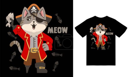 Téléchargez les illustrations : Mignon chat pirate illustration avec tshirt design vecteur premium - en licence libre de droit
