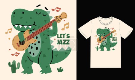 Téléchargez les illustrations : Mignon dinosaure jouant illustration guitare basse avec tshirt design vecteur premium - en licence libre de droit