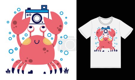 Illustration for Cute crab holding camera illustration with tshirt design premium vector - Royalty Free Image