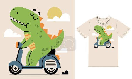 Téléchargez les photos : Mignon dinosaure lecture scooter illustration avec tshirt design vecteur premium - en image libre de droit