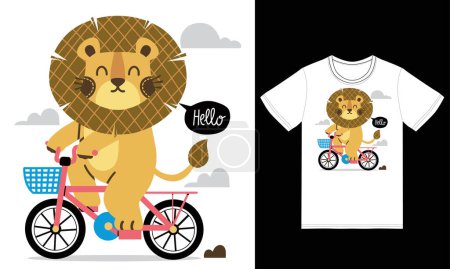Ilustración de Lindo león montar en bicicleta ilustración con el diseño de la camiseta vector premium - Imagen libre de derechos