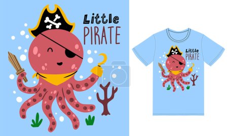 Illustration for Cute octopus pirate illustration with tshirt design premium vector - Royalty Free Image