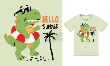 Téléchargez les photos : Illustration mignonne de dinosaure d'été avec vecteur premium de conception de t-shirt - en image libre de droit