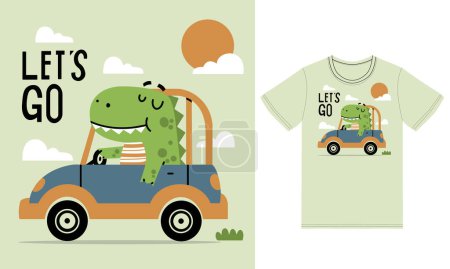 Illustration for Cute dino driving car illustration with tshirt design premium vector - Royalty Free Image