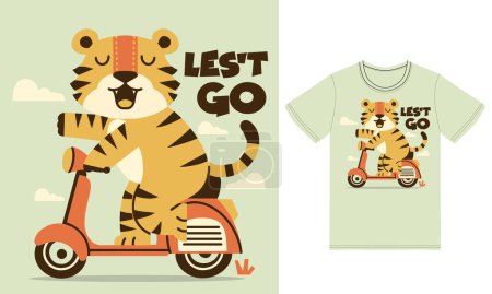 Téléchargez les photos : Mignon tigre lecture scooter illustration avec tshirt design vecteur premium - en image libre de droit