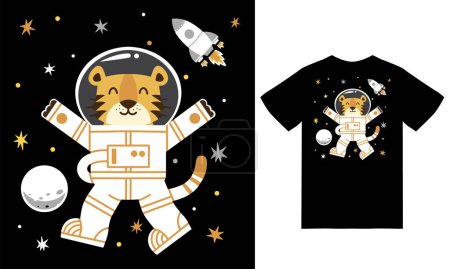 Illustration for Cute tiger astronaut space illustration with tshirt design premium vector - Royalty Free Image