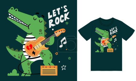 Téléchargez les photos : Mignon crocodile jouer illustration de guitare avec tshirt design vecteur premium - en image libre de droit