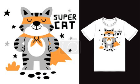 Téléchargez les illustrations : Illustration de super-héros chat mignon avec vecteur premium de conception de t-shirt - en licence libre de droit