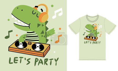 Illustration for Cute dinosaur playing dj music illustration with tshirt design premium vector - Royalty Free Image