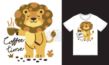 Ilustración de Lindo león con ilustración de café con diseño de camiseta vector premium - Imagen libre de derechos