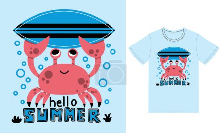 Illustration for Cute crab holding surfboard illustration with tshirt design premium vector - Royalty Free Image