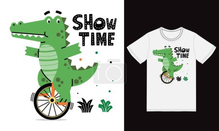 Illustration for Cute crocodile riding a unicycle illustration with tshirt design premium vector - Royalty Free Image